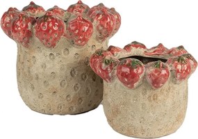 Béžový antik terakotový obal na kvetináč s jahôdkami - Ø 15*12 cm