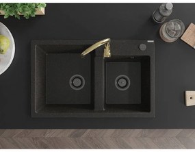 Mexen Tomas, granitový drez 800x500x190 mm, 2-komorový a zlatá batéria Telma, čierna-zlatá metalíza, 6516-75-670200-50-B