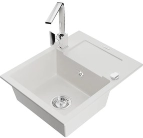 Mexen Enzo, granitový drez 576x465x174 mm, 1-komorový a chrómová batéria Rita, biela, 6506-20-670300-00