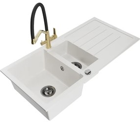 Mexen Andres, granitový drez 1000x500x200 mm, 1,5-komorový a drezová batéria Duo, biela, 6515-20-671701-57-B