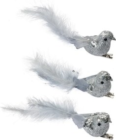 3ks strieborná dekorácia vtáčik s pierkami na klipe - 12*3*4 cm