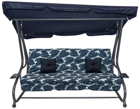 Záhradná hojdačka so strieškou, skladacia 2x1 so vzorom listov, námornícka modrá