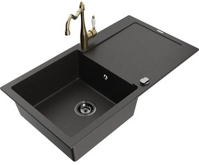 Mexen Leo, granitový drez 900x500x190 mm, 1-komorový a drezová batéria Carla, čierna-zlatá metalíza, 6501-75-670700-50-B