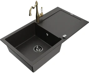 Mexen Leo, granitový drez 900x500x190 mm, 1-komorový a drezová batéria Carla, čierna-zlatá metalíza, 6501-75-670700-50-B