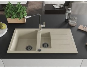 Mexen Matias, 1,5-komorový granitový drez 900x505x200 mm a drezová batéria Flora, béžová, 6502-69-670401-07-B