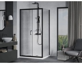 Mexen Apia, sprchový kút s posuvnými dverami 140 (dvere) x 80 (stena) cm, 6mm číre sklo, čierny profil + biela sprchová vanička, 840-140-080-70-00-4010B