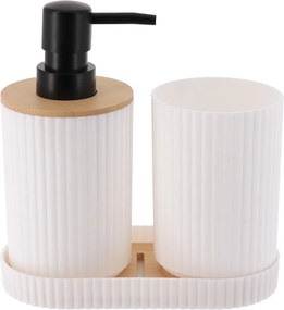 Sada kúpeľňových doplnkov Orin, biela/s čiernymi a drevenými prvkami