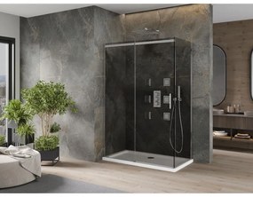 Mexen Omega, sprchový kút s posuvnými dverami 140 (dvere) x 80 (stena) cm, 8mm šedé sklo, chrómový profil + slim sprchová vanička biela + chrómový sifón, 825-140-080-01-40-4010
