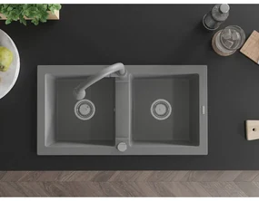 Mexen Mario, 2-komorový granitový drez 820x436x161 mm a drezová batéria Elia, šedá, 6504-71-670101-71