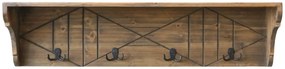 Hnedá antik drevená polička so 4 háčikmi Hooks - 91*20*23 cm