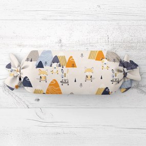 Biante Detský vankúš valec bonbon Sandra SA-613 Modro-oranžové lesné zvieratká na bledo sivom 15x40 cm