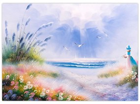 Sklenený obraz - Romantická pláž, olejomaľba (70x50 cm)