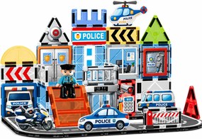 LEAN Toys Magnetické stavebné kocky – Policajná základňa, vozidlá, policajt, 44 dielov