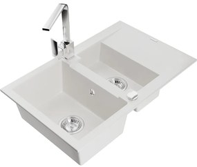 Mexen Gaspar, granitový drez 737x475x177 mm, 1,5-komorový a chrómová batéria Rita, biela, 6507-20-670300-00
