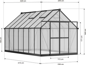 Skleník 240 x 244 x 429 cm, zosilnená konštrukcia, polykarbonát 6 mm