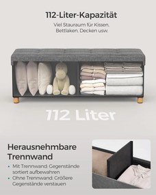 Taburetka s úložným priestorom, Skladacia lavica s nohami, 38 x 110 x 40 cm, sivá