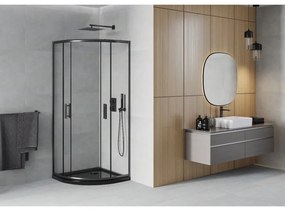 Mexen Rio, štvrťkruhový sprchovací kút s posuvnými dverami 90 x 90 cm, 6mm číre sklo, čierny profil + čierna sprchová vanička, 863-090-090-70-00-4170B