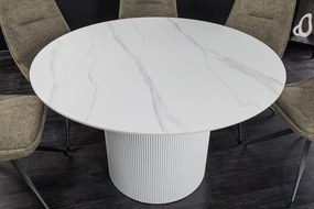 Jedálenský stôl UNIQUE 120 cm okrúhly s bielym rámom, keramickou doskou z bieleho mramoru