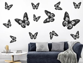 Motýle čierne 13 ks textilní prelepiteľné nálepky na stenu list 30 x 30 cm