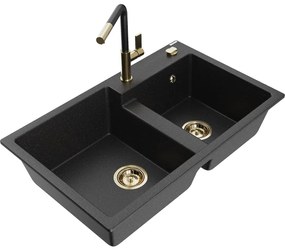 Mexen Tomas, 2-komorový granitový drez 800x500x190 mm a drezová batéria Flora, čierna-strieborná metalíza, 6516-73-670401-57-G