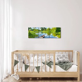 Obraz letné rieky s loďkou (s hodinami) (90x30 cm)