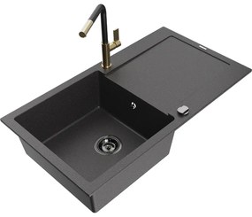 Mexen Leo, 1-komorový granitový drez 900x500x190 mm a drezová batéria Flora, čierna škvrnitá, 6501-76-670401-57-B