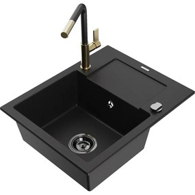Mexen Enzo, 1-komorový granitový drez 576x465x174 mm a drezová batéria Flora, čierna, 6506-77-670401-57-B