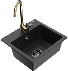 Mexen Milo, 1-komorový granitový drez 435x410x171 mm a zlatá batéria Telma, čierna-zlatá metalíza, 6505-75-670200-50-B