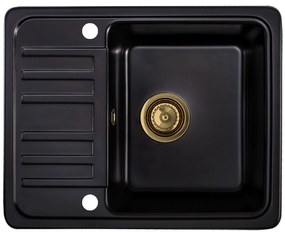 Sink Quality Sapphire, granitový kuchynský drez 565x460x210 mm + zlatý sifón, 1-komorový, čierna, SKQ-SAP.C.1KKO.XG