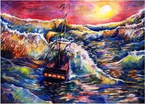 Sklenený obraz - Loď na oceánskych vlnách, aquarel (70x50 cm)
