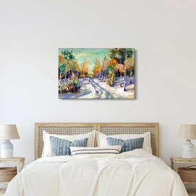 Obraz - Zasnežená cesta lesom, olejomaľba (90x60 cm)