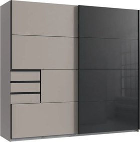 Šatníková skriňa so zásuvkami Tilburg, 225 cm, šedá sahara/čierne sklo