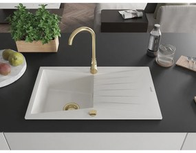 Mexen Cesar, 1-komorový granitový drez s odkvapkávačom 78x47 cm a kuchynskou batériou Telma, biela, 6514-20-670200-50