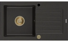 Mexen Pablo granitový jednokomorový drez s odkvapkávačom 752 x 436 mm, Čierna/Zlatá metalíza, Sifón Zlatá - 6510751010-75-G