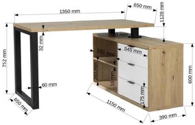 ROHOVÝ PISACÍ STÔL CASIMIR 3 DUB ARTISAN + ČIERNY 135 cm