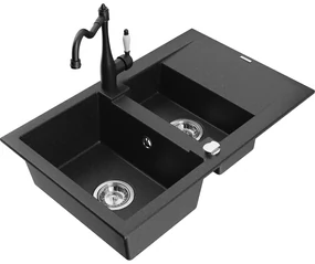 Mexen Gaspar, 1,5-komorový granitový drez 737x475x177 mm a drezová batéria Carla, čierna-strieborná metalíza, 6507-73-670700-70
