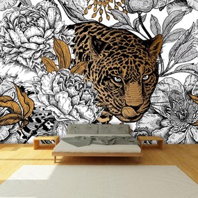 Fototapeta - Leopard v pivonkách (147x102 cm)