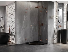 Mexen Lunar, L päťuholníkový sprchový kút s pravým sklonom 90 x 90 cm, 8mm číre sklo, profil ružové zlato, 831L-090P-090L-60-00-P