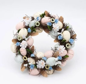 DECOLED Veľkonočný veniec, 30 x 8 cm, modré kvety a vajíčka