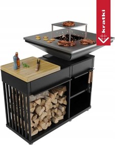 Ohnisko s grilom Quadrum s drevenou doskou, moderné, profesionálne