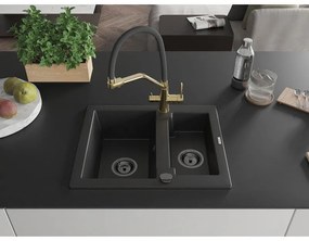 Mexen Carlos, 1,5-komorový granitový drez 582x475x177 mm a drezová batéria Duo, čierna, 6518-77-671701-57-B