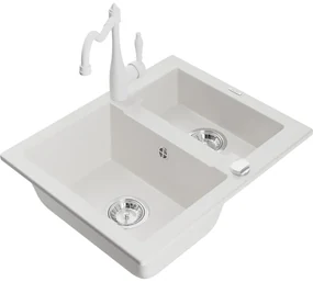 Mexen Carlos, granitový drez 582x475x177 mm, 1,5-komorový a drezová batéria Carla, biela, 6518-20-670700-20