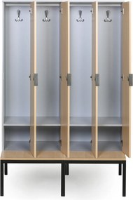 Drevená šatníková skrinka S4 s lavičkou, 4 oddiely, 1871 x 1200 x 500/800 mm, demont, cylindrický zámok, sivá/grafit