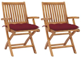 Záhradné stoličky 2 ks, vínovo červené podložky, tíkový masív 3062430