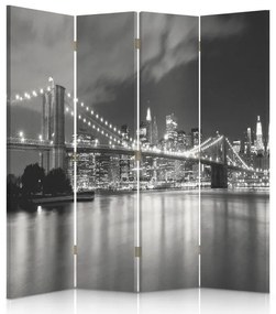 Ozdobný paraván Newyorský most Černobílý - 145x170 cm, štvordielny, obojstranný paraván 360°