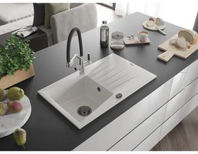 Mexen Cesar, 1-komorový granitový drez 775x470x190 mm a drezová batéria Duo, biela, 6514-20-671701-07-B