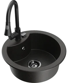 Mexen Diego, 1-komorový granitový drez 488x488x167 mm a drezová batéria Elia, čierna-zlatá metalíza, 6512-75-670101-70-B