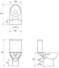Cersanit Parva, kombi wc s horizontálnym odtokom, bočný prívod vody a splachovaním 3/6L + antibakteriálnym sedátkom z doruplastu s pomalým zatváraním, biela, K27-002