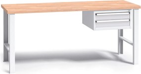 Pracovný stôl do dielne G3 so závesným boxom na náradie, buková škárovka, 2 zásuvky, pevné kovové nohy, 1700 mm, sivá