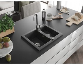 Mexen Carlos, granitový drez 582x475x177 mm, 1,5-komorový a chrómová drezová batéria Telma, čierna škvrnitá, 6518-76-670200-00